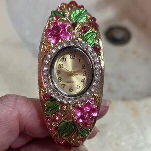 Gold Floral Pink and Green Women's Quartz Bracelet Watch